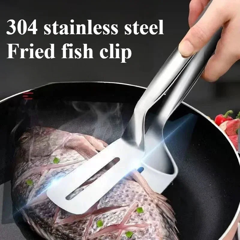 Pala de pescado frito de acero inoxidable dos en uno, pala de doble cara, clip para pescado, pala para filete frito, clip para freír, utensilios de cocina