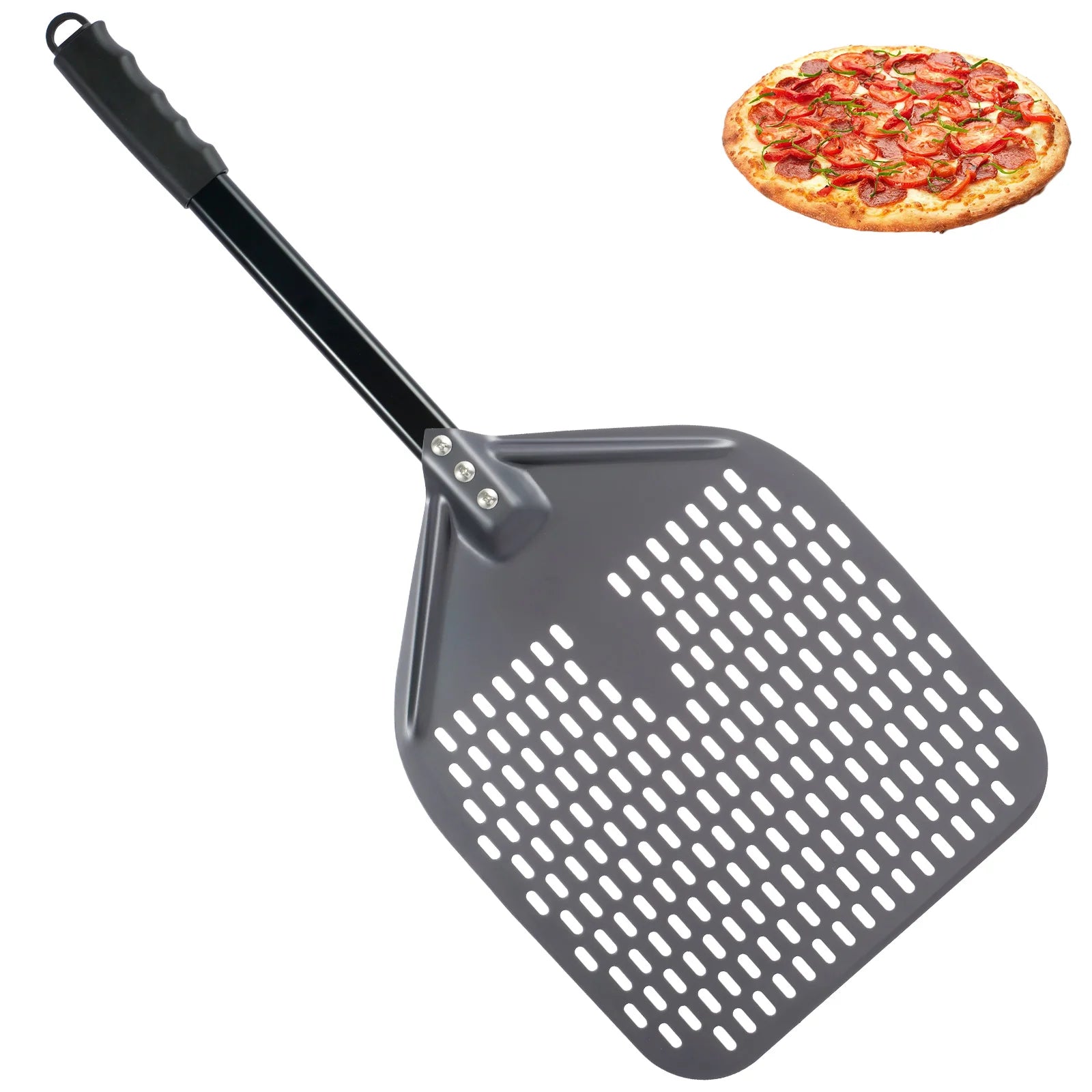 Pala para pizza perforada de 12 pulgadas, pala rectangular para pizza, aluminio con recubrimiento duro, pala corta para pizza, herramienta de cocina