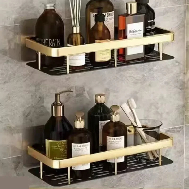 Punch Holes Black Gold Aluminum Shelves Bathroom Kitchen Storage Double Layer Space Saving Rustproof Wall Mounted Design