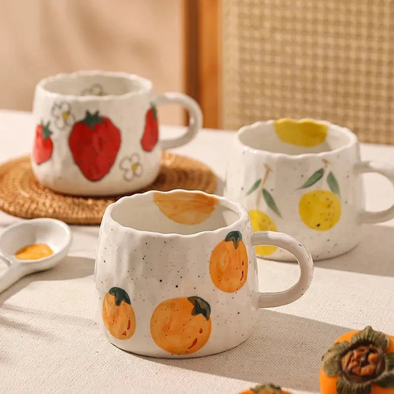 Taza de café de cerámica con superficie esmaltada, dibujo de frutas de caricatura, tazas para niños, taza de porcelana de fresa para niños