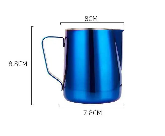 Jarra para espumar leche de acero inoxidable 304, tarro de espuma de leche para café, lata de espuma de leche para café, accesorios de café latte para cafetería, azul y dorado