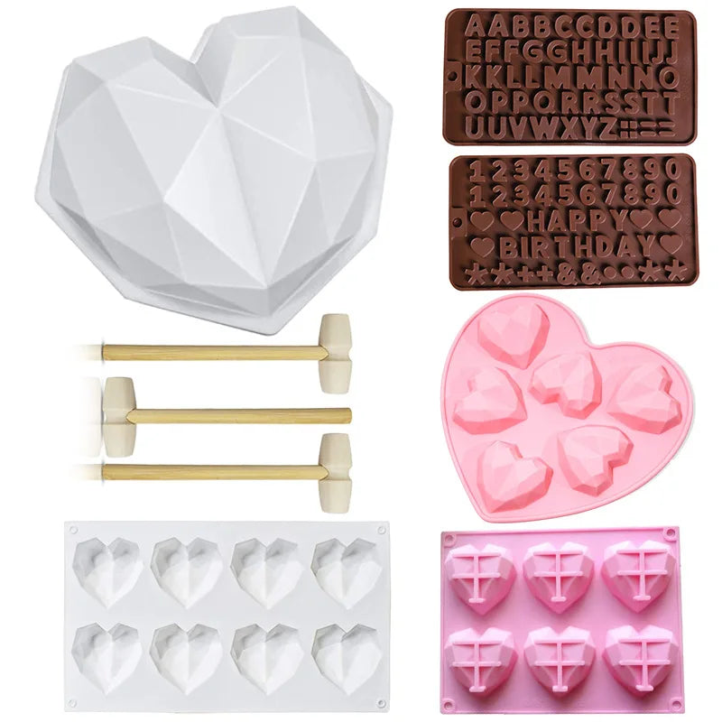 Juego de Moldes de Silicona en Forma de Diamante con Letras y Números, 1/6/8 Cavidades en Forma de Corazón para Mousse, Pasteles, Chocolate, Jabón y Velas