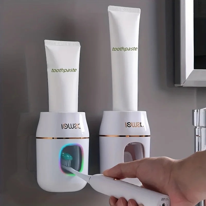 Dispensador automático de pasta de dientes montado en la pared, fácil de instalar sin taladrar, adecuado para varios tubos de pasta de dientes en espiral