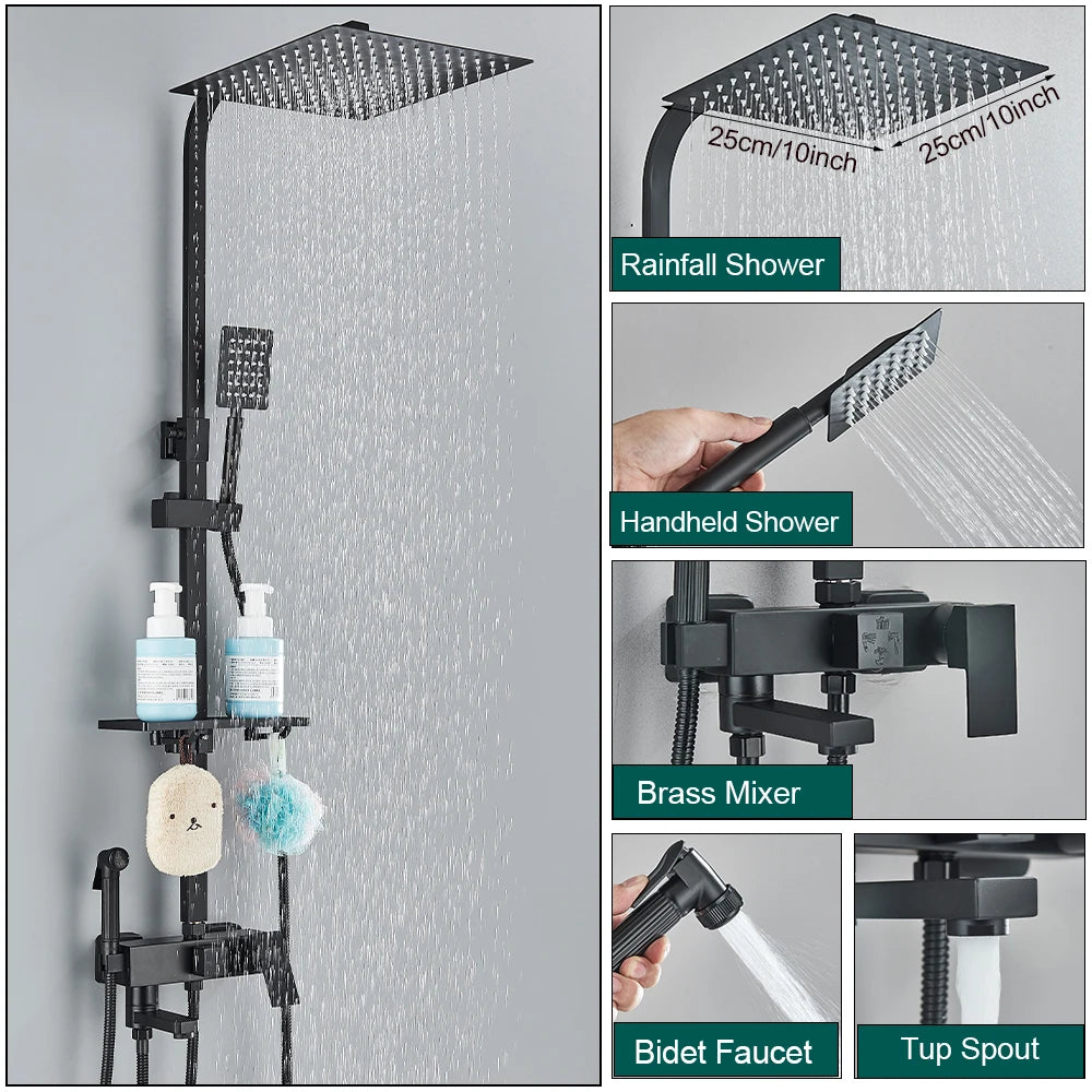 Sistema de Ducha Tipo Columna Negro Mate con Ducha Higiénica