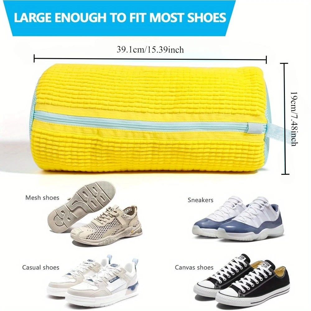 Bolsa Duradera para Lavar Zapatos de Todos los Tipos de Zapatos - Amarillo con Cremallera Azul, Ideal para Zapatillas y Zapatos Casuales, Bolsa para Lavar Ropa