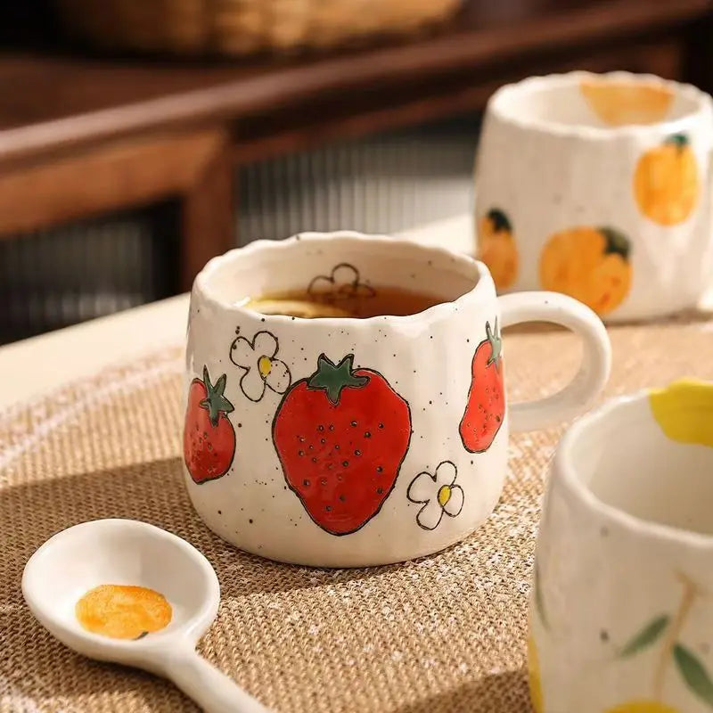 Taza de café de cerámica con superficie esmaltada, dibujo de frutas de caricatura, tazas para niños, taza de porcelana de fresa para niños