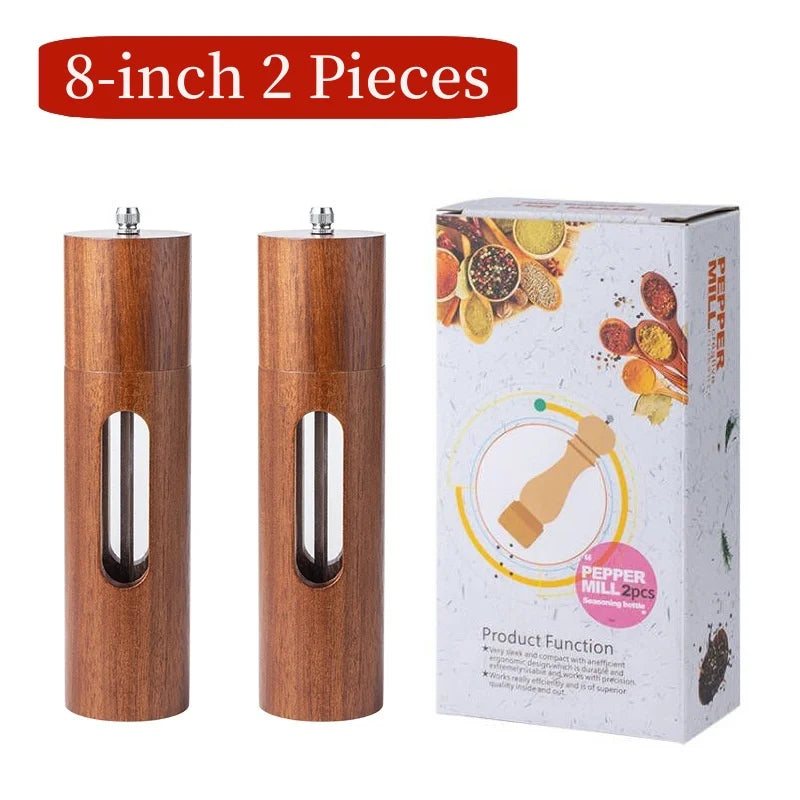 Molino de Sal y Pimienta de Madera, Molino de Pimienta Manual de 8 Pulgadas con Grosor Ajustable y Recargable, Salpimenteros de Madera de Acacia para Cocina
