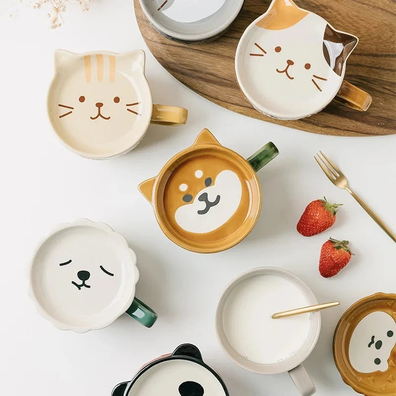 Taza de café japonesa YWDL con dibujo de gato, tapa con patrón de gato, platito pequeño, taza de desayuno linda, taza de café creativa, taza de leche, regalo