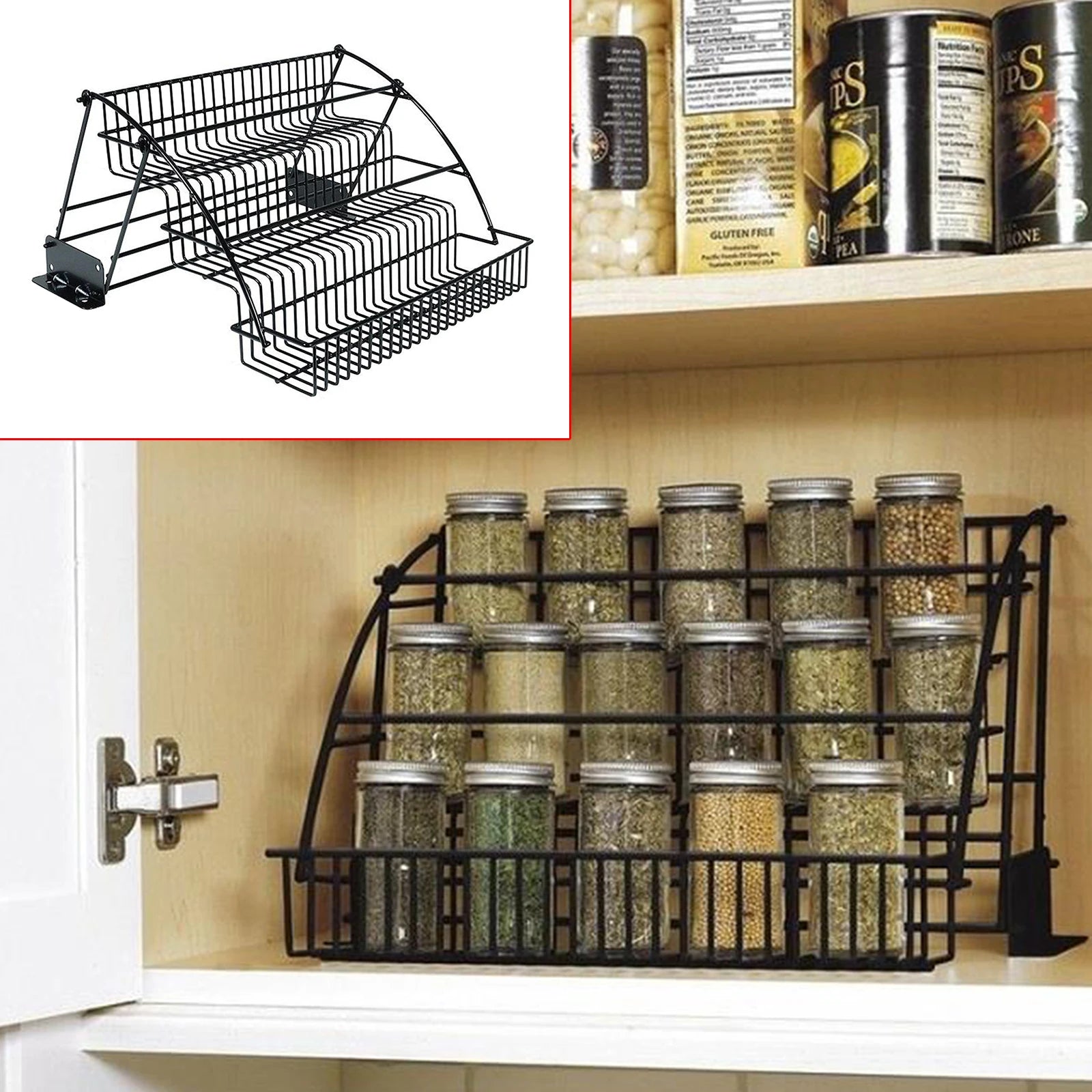 Estante para especias de 3 niveles para armario de cocina, organizador de almacenamiento de metal