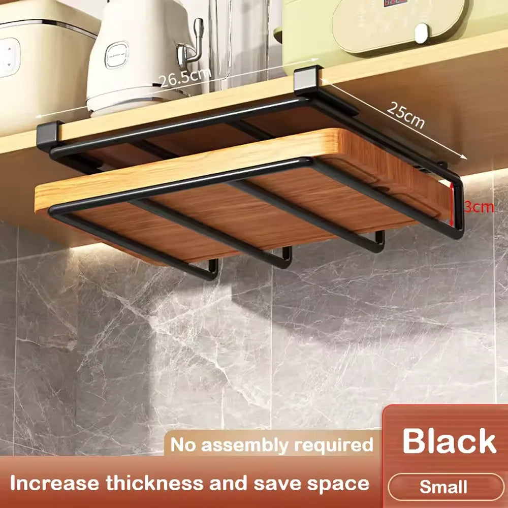 Under Cabinet Kitchen Organizer Rack with Hooks for Paper Towels Cutting Boards and Pot Lids