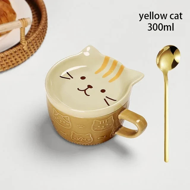 Taza de café japonesa YWDL con dibujo de gato, tapa con patrón de gato, platito pequeño, taza de desayuno linda, taza de café creativa, taza de leche, regalo