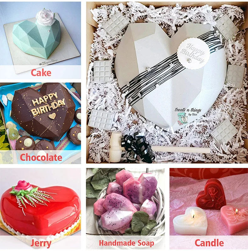 Juego de Moldes de Silicona en Forma de Diamante con Letras y Números, 1/6/8 Cavidades en Forma de Corazón para Mousse, Pasteles, Chocolate, Jabón y Velas