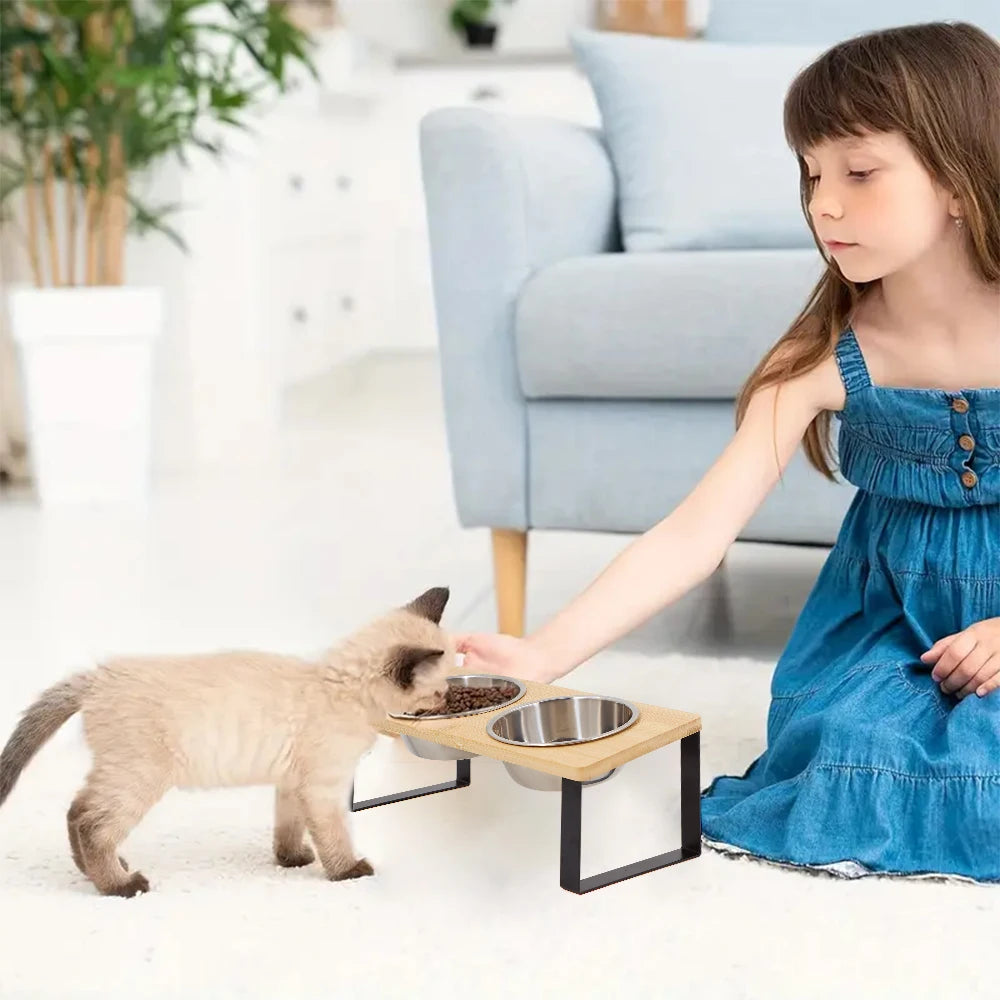 Comedero Elevado Doble de Bambú para Perros y Gatos