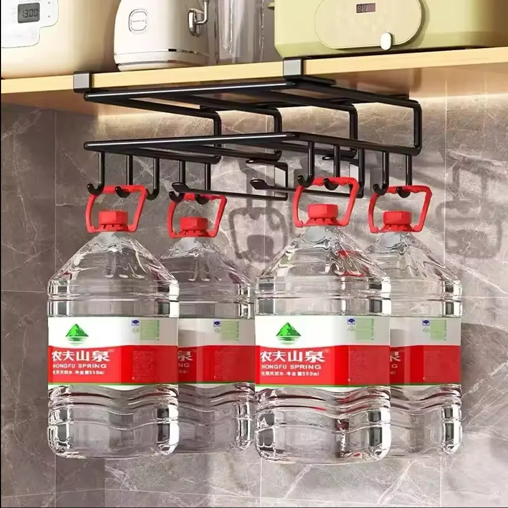 Under Cabinet Kitchen Organizer Rack with Hooks for Paper Towels Cutting Boards and Pot Lids