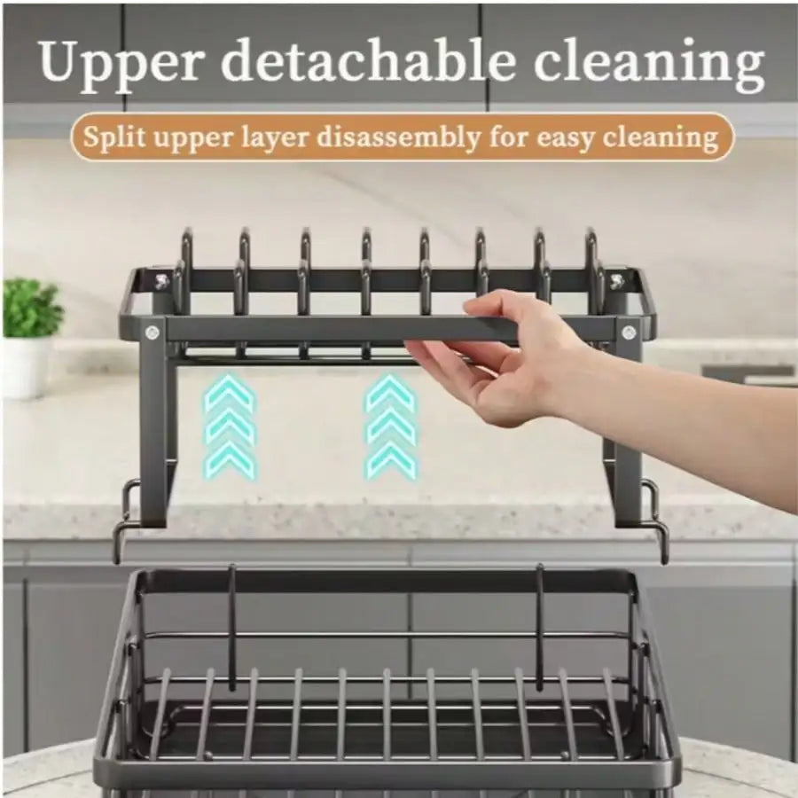 Double-Layer Large Carbon Steel Cutlery Dish Drying Rack Organizer with Drainboard