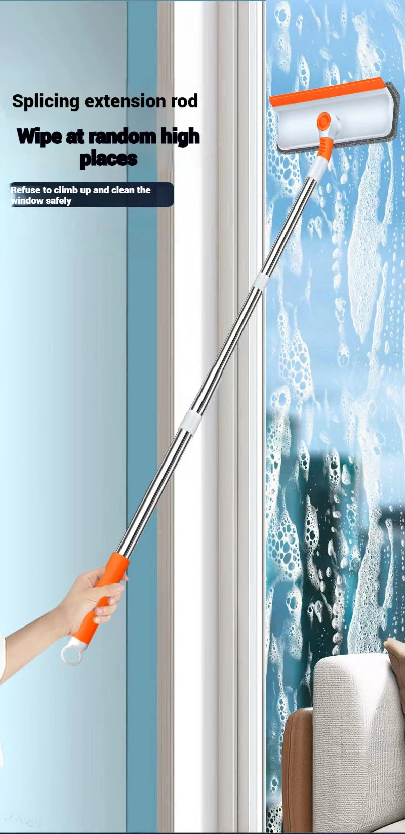 Limpiador de Ventanas con Mango Largo (51 pulg.), Herramienta de Limpieza de Vidrios con Escobilla de Silicona y Cepillo de Microfibra, Kit de Limpieza de Ventanas