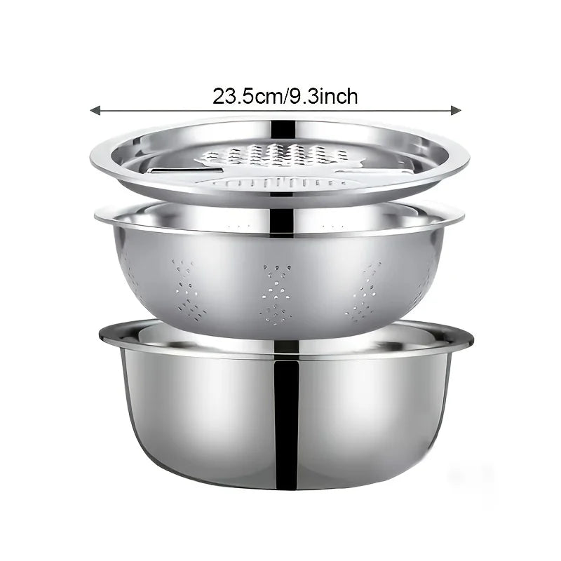Juego de cocina de 3 piezas de acero inoxidable con molinillo y cuenco filtrante - Drenaje seguro para alimentos para frutas, verduras y queso | Envío en 24 horas