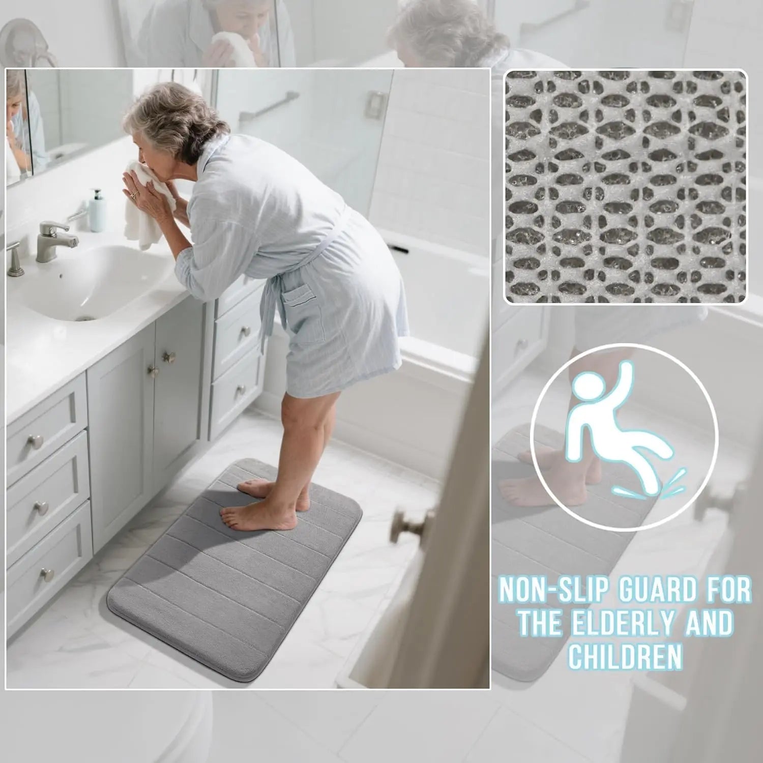 Juego de 3 piezas de alfombra de baño de espuma viscoelástica - Súper suave, absorbente, de secado rápido, antideslizante, alfombra de baño para bañera, ducha, tocador, base del inodoro, gris
