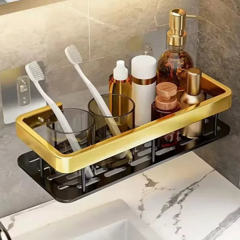 Punch Holes Black Gold Aluminum Shelves Bathroom Kitchen Storage Double Layer Space Saving Rustproof Wall Mounted Design