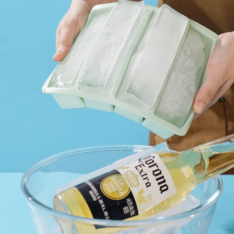 Bandeja de hielo cuadrada de 4 celdas, tira larga, molde de silicona de grado alimenticio, bandeja de hielo rectangular reutilizable para el hogar con tapa o sin tapa