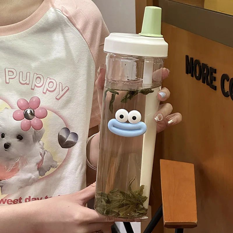 Botella de agua de plástico linda de 500/850ML con té de burbujas y popote de té con perlas para chicas, taza de agua de gran capacidad para estudiantes, café y jugo