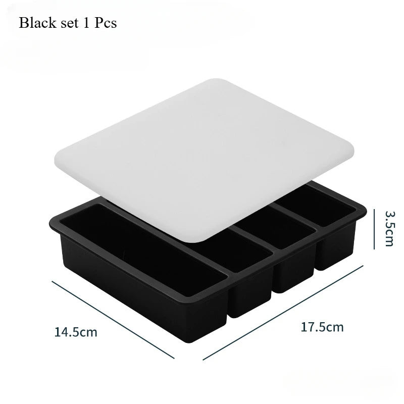 Bandeja de hielo cuadrada de 4 celdas, tira larga, molde de silicona de grado alimenticio, bandeja de hielo rectangular reutilizable para el hogar con tapa o sin tapa