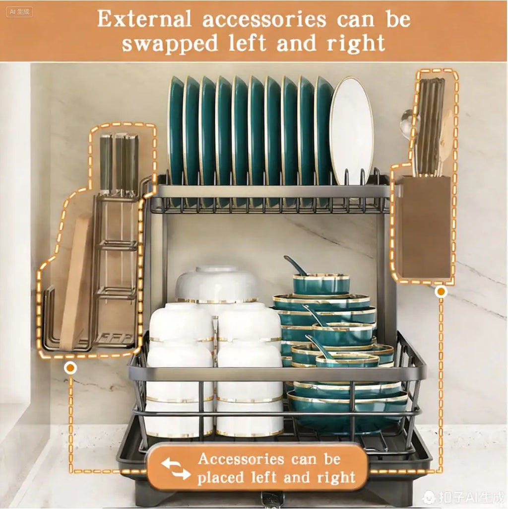 Double-Layer Large Carbon Steel Cutlery Dish Drying Rack Organizer with Drainboard