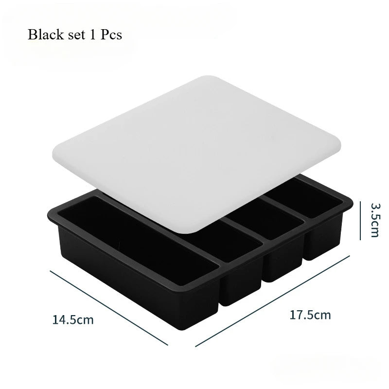 Bandeja de hielo cuadrada de 4 celdas, tira larga, molde de silicona de grado alimenticio, bandeja de hielo rectangular reutilizable para el hogar con tapa o sin tapa