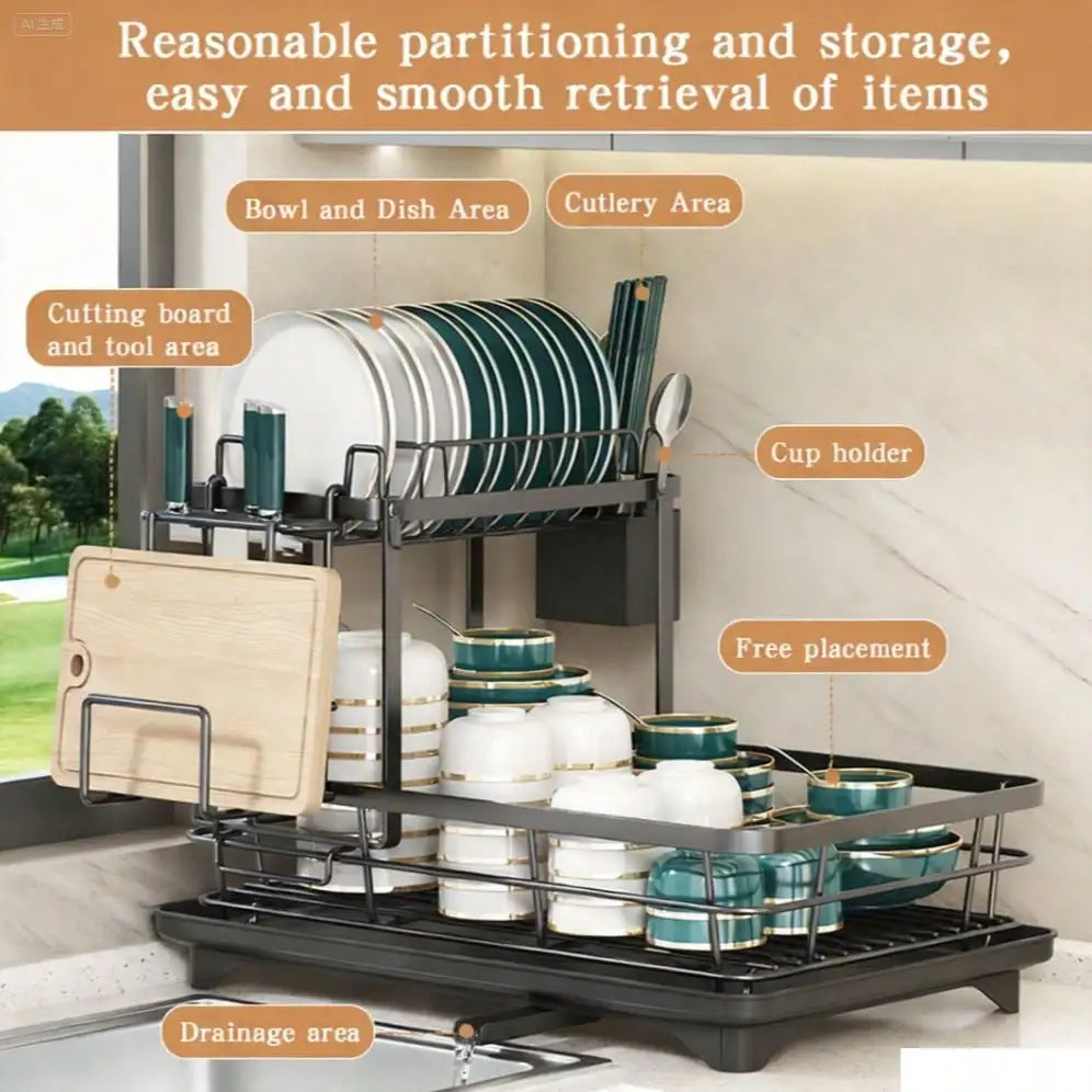Double-Layer Large Carbon Steel Cutlery Dish Drying Rack Organizer with Drainboard