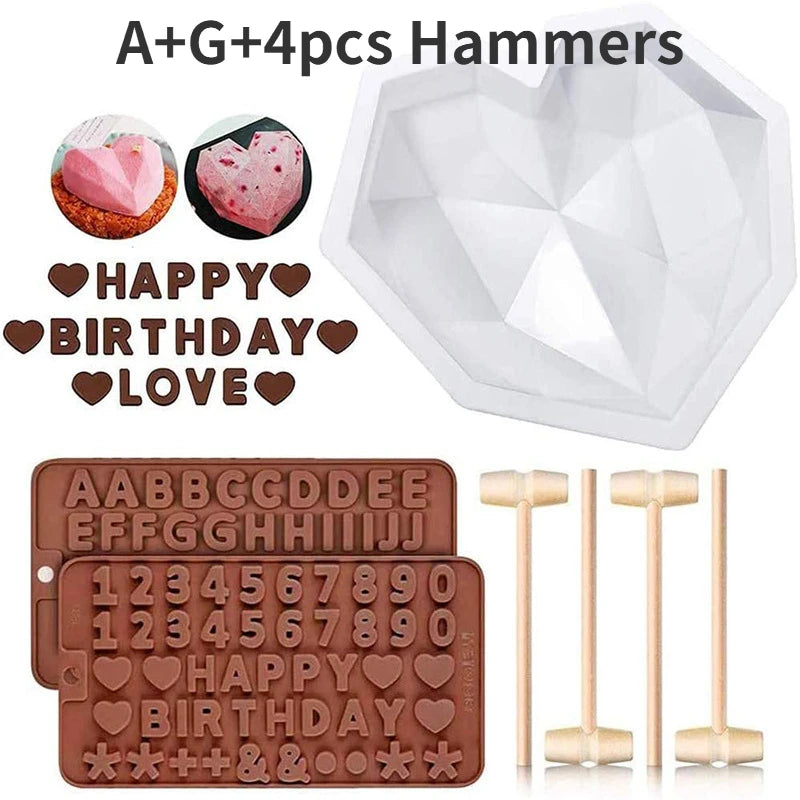 Juego de Moldes de Silicona en Forma de Diamante con Letras y Números, 1/6/8 Cavidades en Forma de Corazón para Mousse, Pasteles, Chocolate, Jabón y Velas
