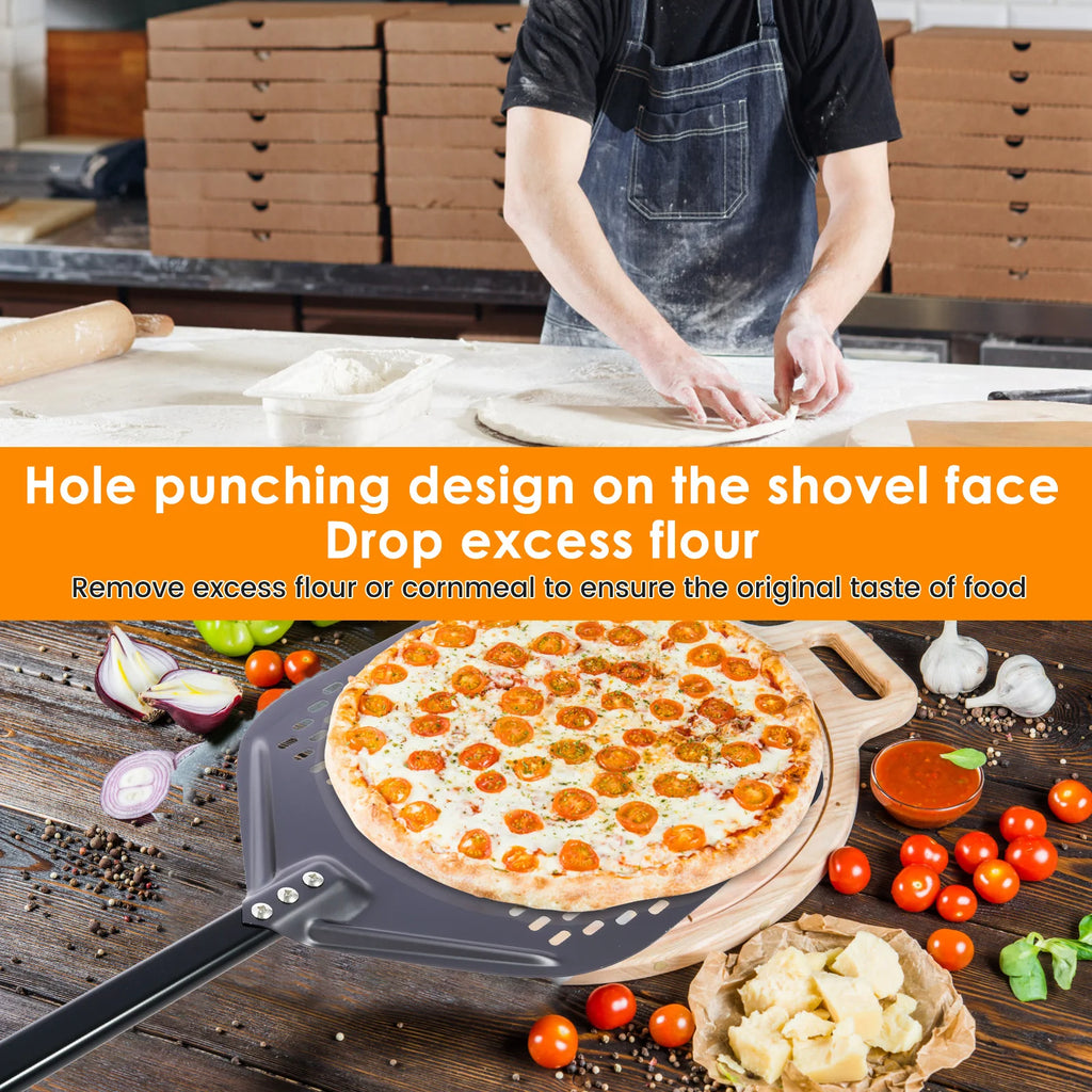 Pala para pizza perforada de 12 pulgadas, pala rectangular para pizza, aluminio con recubrimiento duro, pala corta para pizza, herramienta de cocina