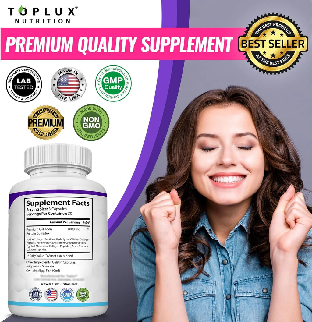 Collagen Peptides Supplement 1500mg for Hair Nails Skin Bone & Joint Health 90 Capsules
