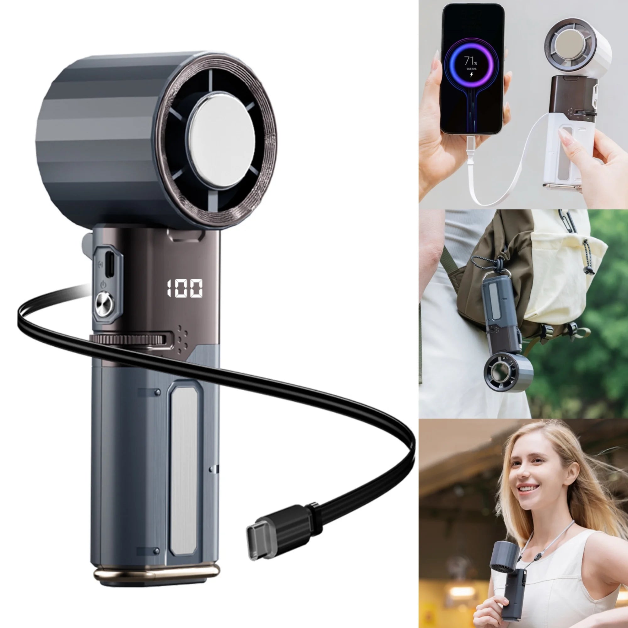 Ventilador portátil de mano con compresa de hielo, ventilador recargable USB de 6000 mAh, ventilador plegable con inclinación de 135° con cable incorporado tipo C