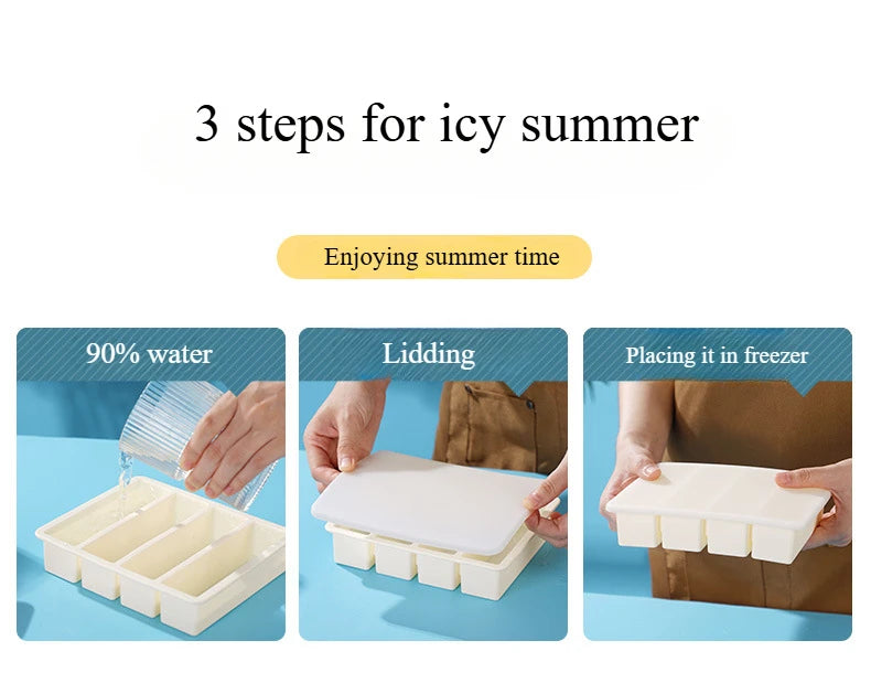 Bandeja de hielo cuadrada de 4 celdas, tira larga, molde de silicona de grado alimenticio, bandeja de hielo rectangular reutilizable para el hogar con tapa o sin tapa