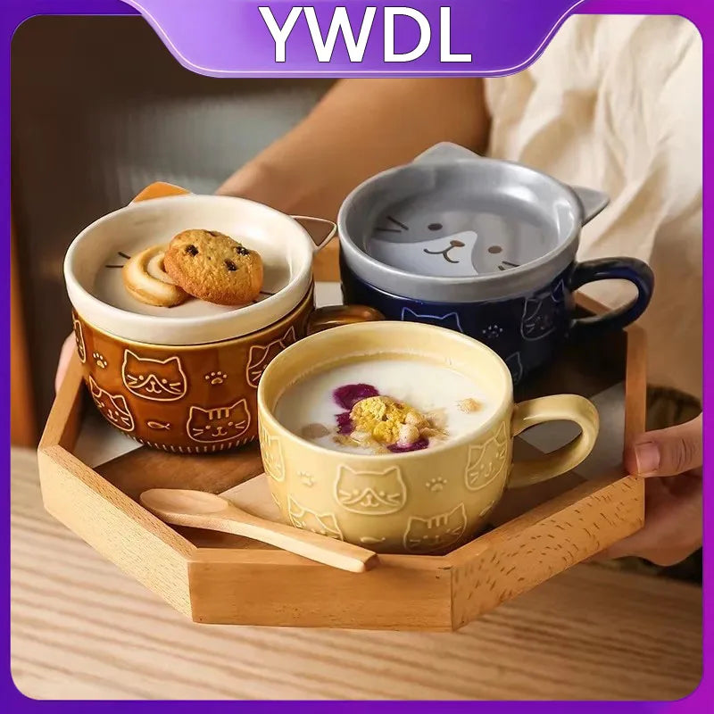 Taza de café japonesa YWDL con dibujo de gato, tapa con patrón de gato, platito pequeño, taza de desayuno linda, taza de café creativa, taza de leche, regalo