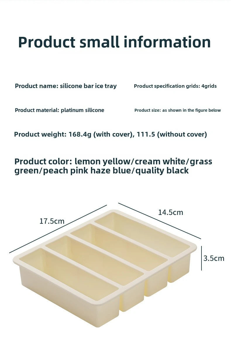Bandeja de hielo cuadrada de 4 celdas, tira larga, molde de silicona de grado alimenticio, bandeja de hielo rectangular reutilizable para el hogar con tapa o sin tapa
