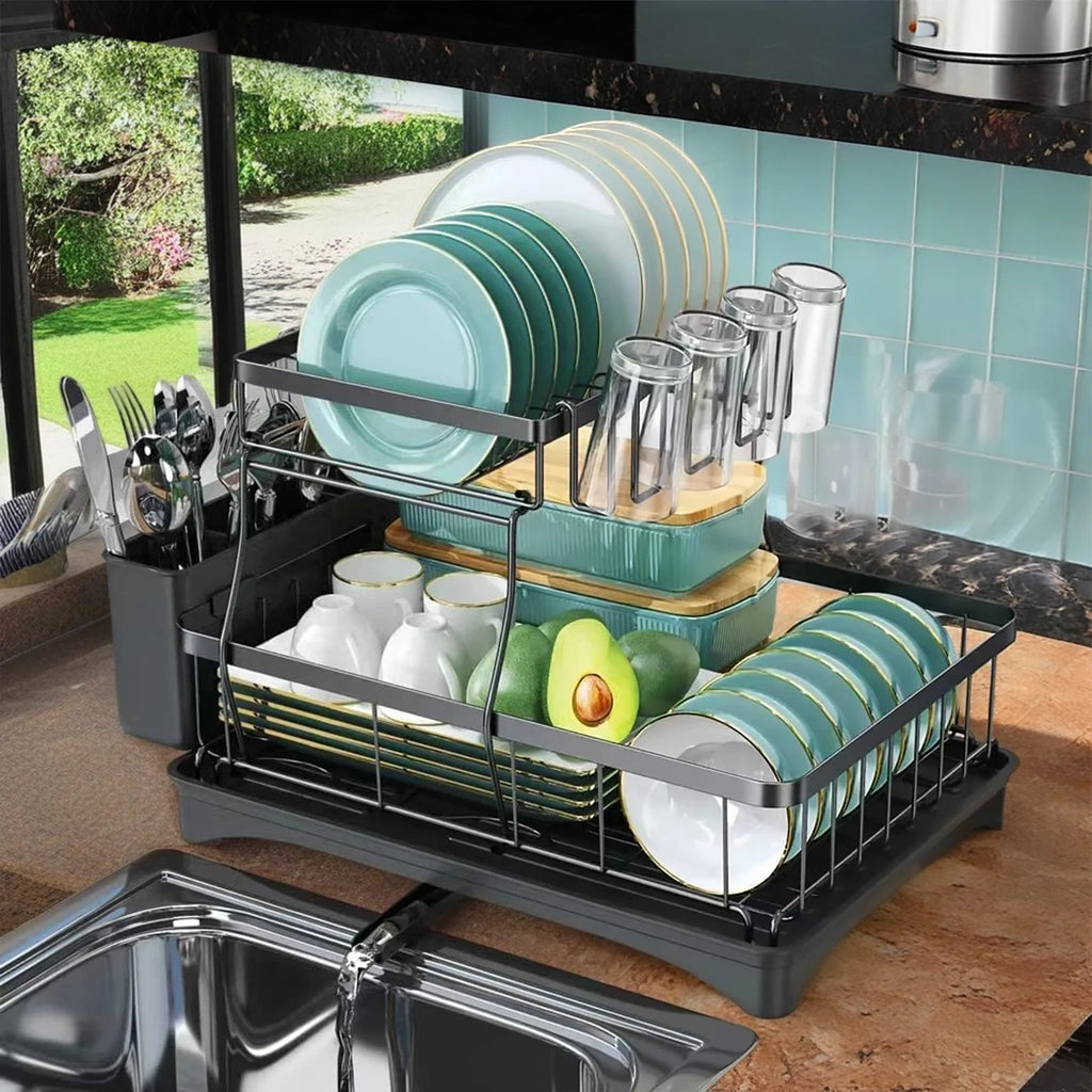 Double-Layer Large Metal Cutlery Dish Drying Rack Countertop Organizer