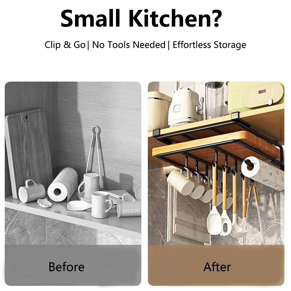 Under Cabinet Kitchen Organizer Rack with Hooks for Paper Towels Cutting Boards and Pot Lids