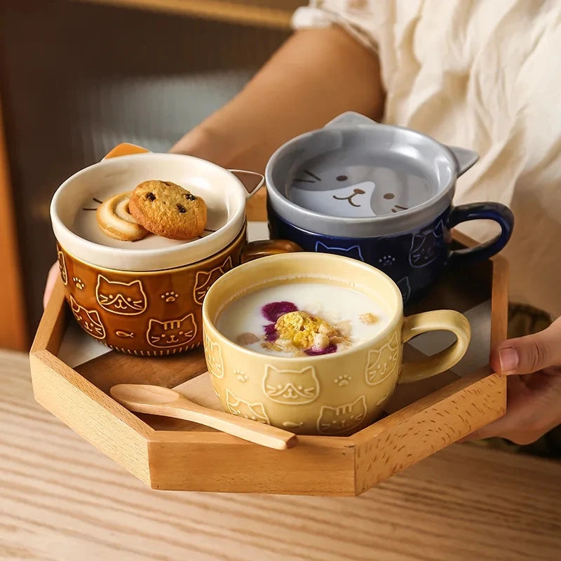 Taza de café japonesa YWDL con dibujo de gato, tapa con patrón de gato, platito pequeño, taza de desayuno linda, taza de café creativa, taza de leche, regalo