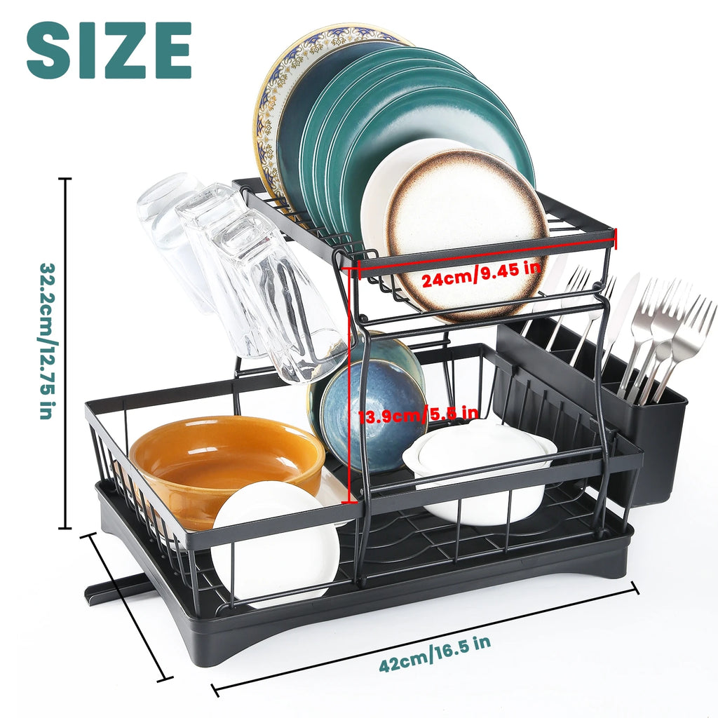 Double-Layer Large Metal Cutlery Dish Drying Rack Countertop Organizer