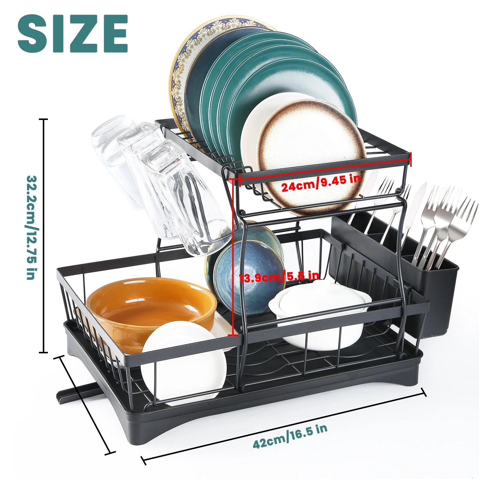 Double-Layer Large Metal Cutlery Dish Drying Rack Countertop Organizer