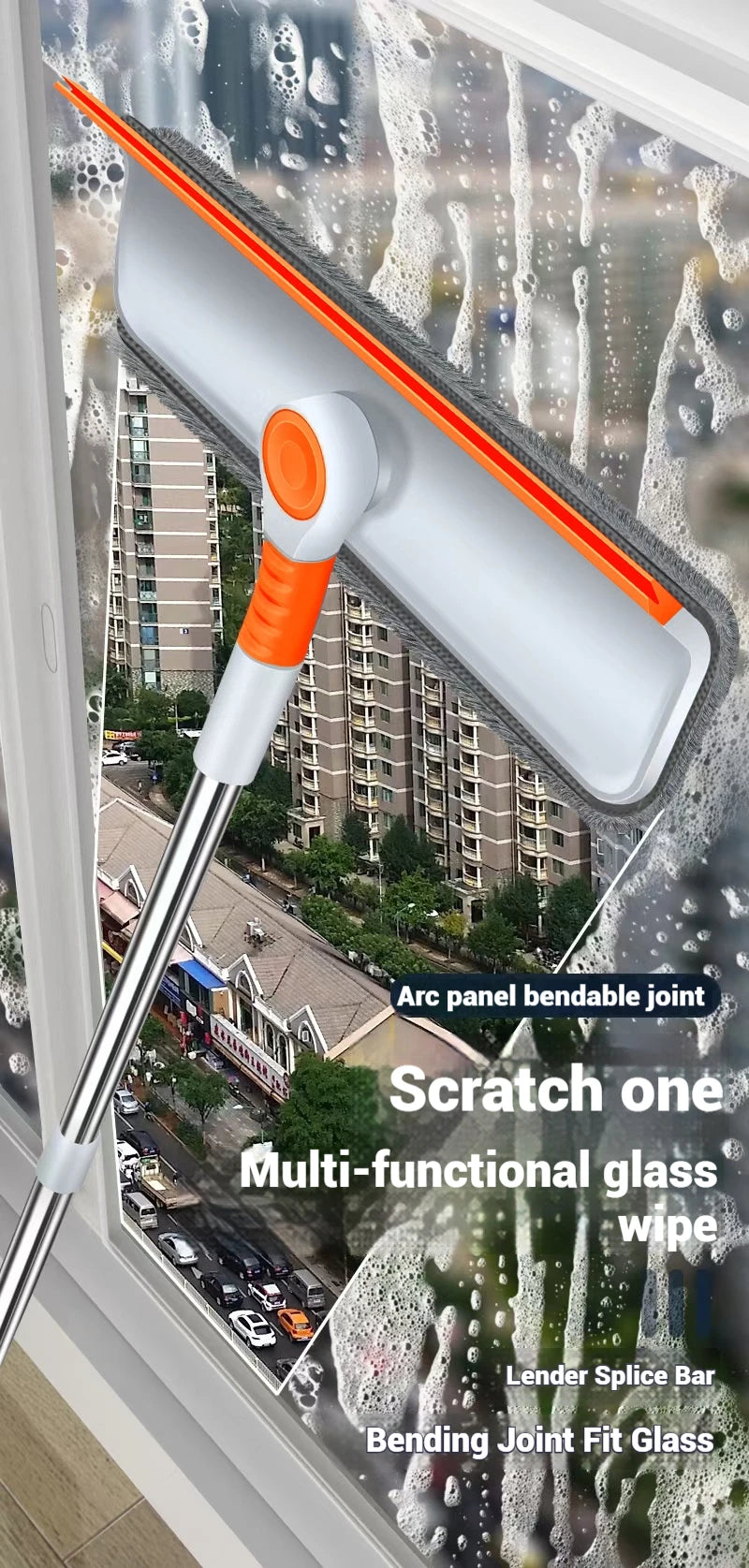 Limpiador de Ventanas con Mango Largo (51 pulg.), Herramienta de Limpieza de Vidrios con Escobilla de Silicona y Cepillo de Microfibra, Kit de Limpieza de Ventanas