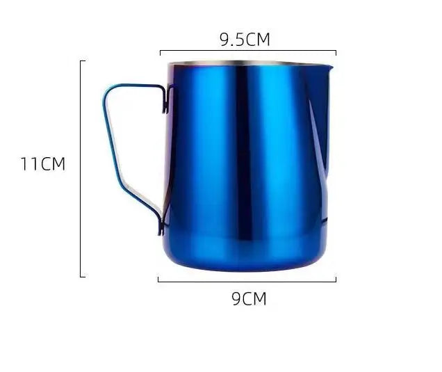 Jarra para espumar leche de acero inoxidable 304, tarro de espuma de leche para café, lata de espuma de leche para café, accesorios de café latte para cafetería, azul y dorado