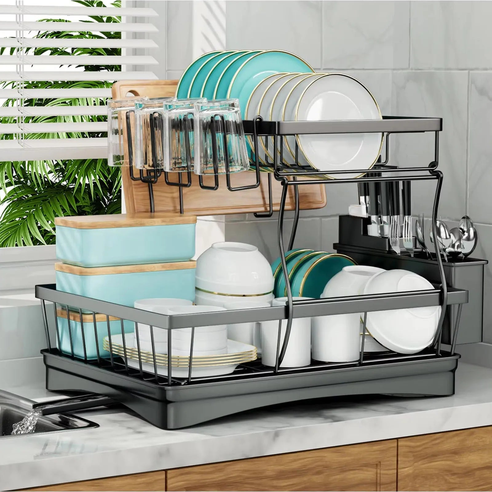 Double-Layer Large Metal Cutlery Dish Drying Rack Countertop Organizer
