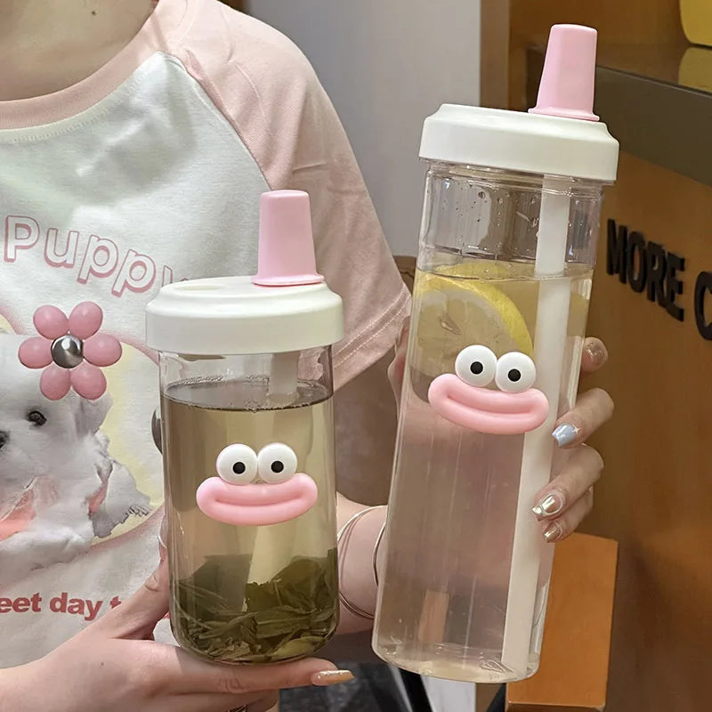 Botella de agua de plástico linda de 500/850ML con té de burbujas y popote de té con perlas para chicas, taza de agua de gran capacidad para estudiantes, café y jugo