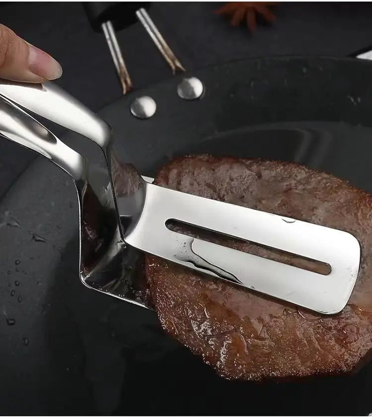 Pala de pescado frito de acero inoxidable dos en uno, pala de doble cara, clip para pescado, pala para filete frito, clip para freír, utensilios de cocina