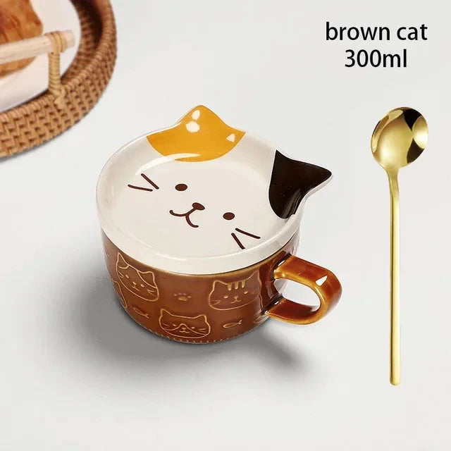 Taza de café japonesa YWDL con dibujo de gato, tapa con patrón de gato, platito pequeño, taza de desayuno linda, taza de café creativa, taza de leche, regalo