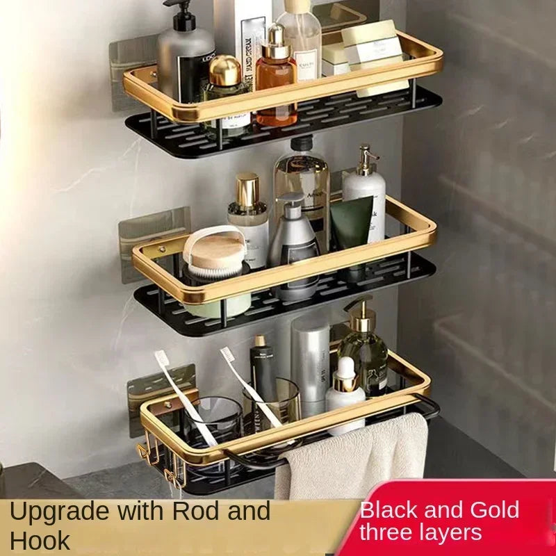 Punch Holes Black Gold Aluminum Shelves Bathroom Kitchen Storage Double Layer Space Saving Rustproof Wall Mounted Design