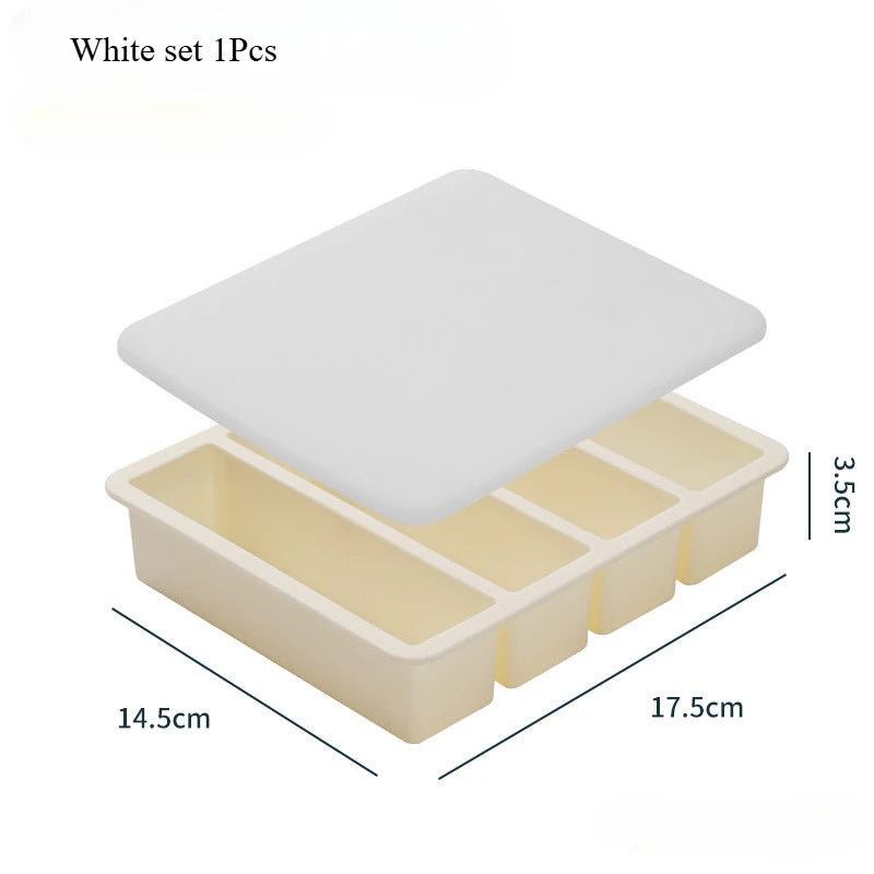 Bandeja de hielo cuadrada de 4 celdas, tira larga, molde de silicona de grado alimenticio, bandeja de hielo rectangular reutilizable para el hogar con tapa o sin tapa