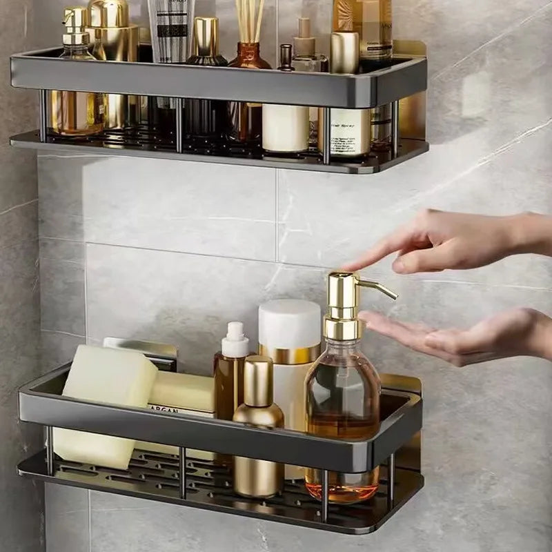Punch Holes Black Gold Aluminum Shelves Bathroom Kitchen Storage Double Layer Space Saving Rustproof Wall Mounted Design